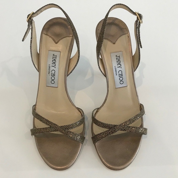 JIMMY CHOO INGRID BRONZE GLITTER SANDALS SIZE EU 37.5 / US 7.5
